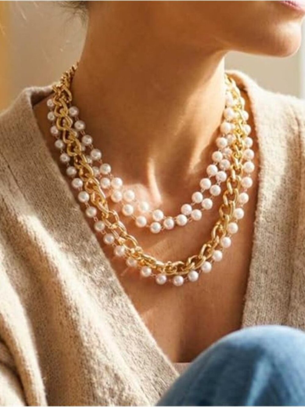 Gold Tone Pearl Choker Necklace Chunky Cuban Link Chain Statement